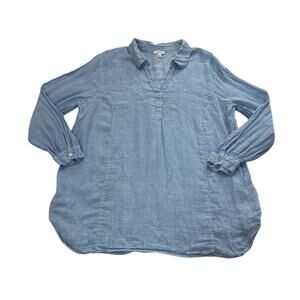 J.Jill Womens XL 100% Linen Blue Blouse Minimalist Lagenlook Coastal Nautical